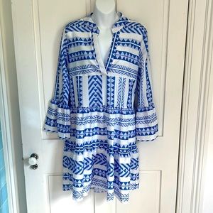 Split Neck Popover dress blue lavender white Geo stripe Arthur Jane Claire M